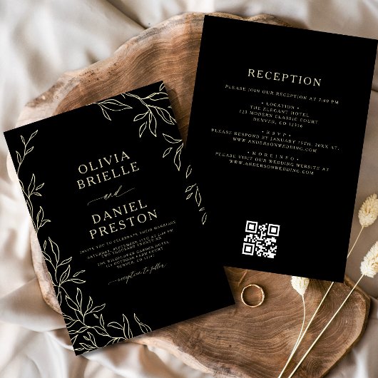 QR Code Modern Zwart & Goud Minimal Leaf Wedding Kaart