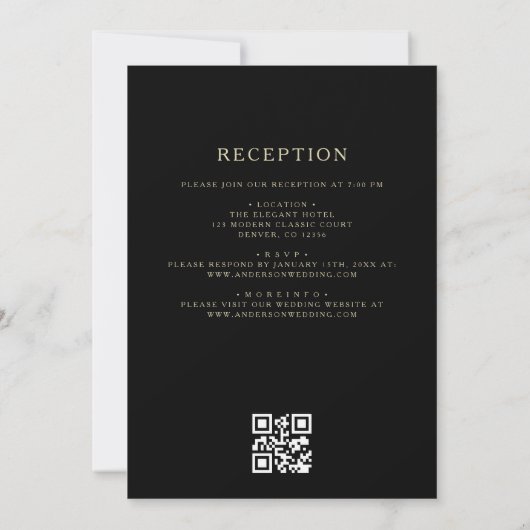QR Code Modern Zwart & Goud Minimal Leaf Wedding Kaart (Achterkant)