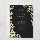 QR Code Modern Zwart & Goud Minimal Leaf Wedding Kaart (Voorkant)