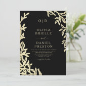 QR Code Modern Zwart & Goud Minimal Leaf Wedding Kaart (Staand voorkant)
