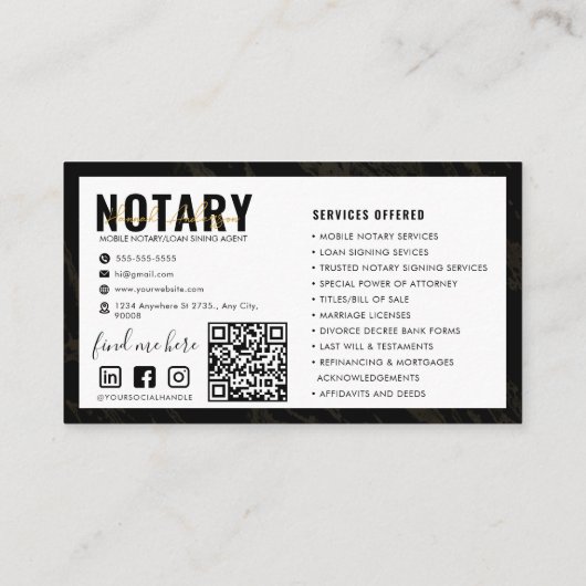 QR-code | Modern zwart marmer mobiele notaris open Visitekaartje (Achterkant)