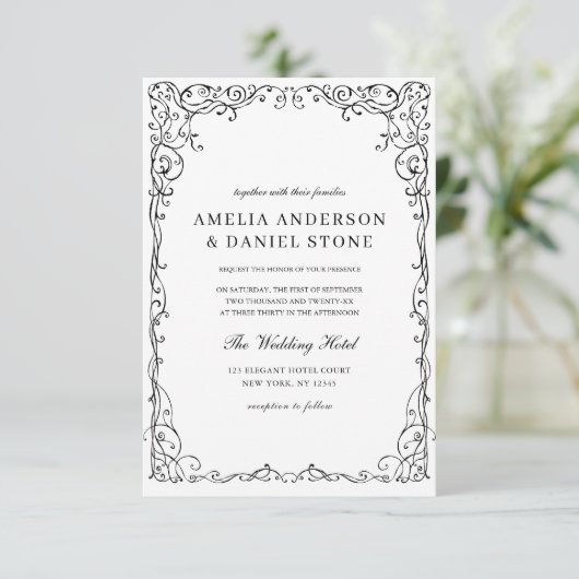 QR Code Modern Zwart & Wit Minimal Wedding Kaart (Staand voorkant)