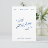 QR-code moderne blauwe en witte trouw-RSVP RSVP Kaartje (Staand voorkant)