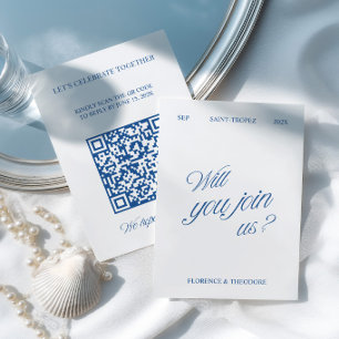 QR-code moderne blauwe en witte trouw-RSVP RSVP Kaartje