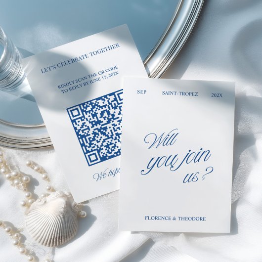 QR-code moderne blauwe en witte trouw-RSVP RSVP Kaartje