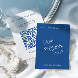 QR-code moderne blauwe en witte trouw-RSVP RSVP Kaartje
