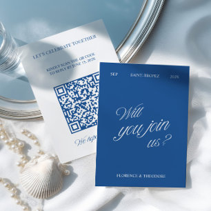 QR-code moderne blauwe en witte trouw-RSVP RSVP Kaartje