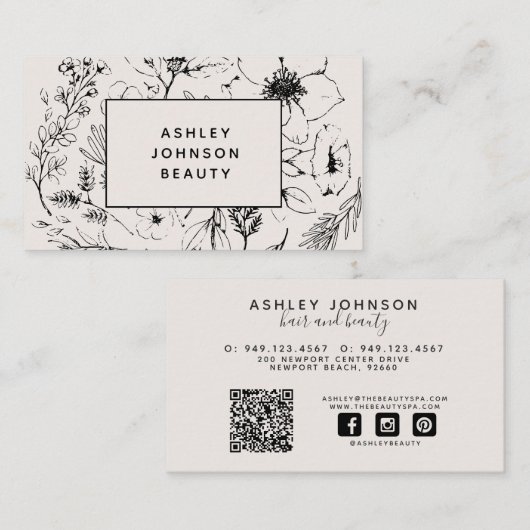 QR Code Moderne Botanische Blush en Zwart Visitekaartje (Voorkant / Achterkant)
