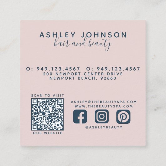 QR Code Moderne Botanische Blush Roze Marine Blauw Vierkante Visitekaartje (Achterkant)