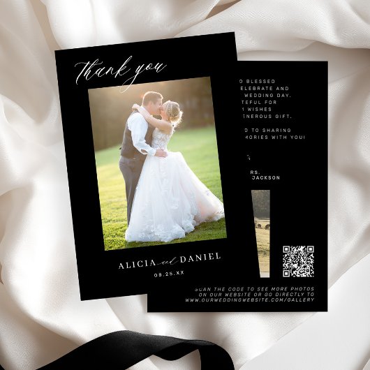 QR CODE moderne elegante script foto zwart bruilof Bedankkaart
