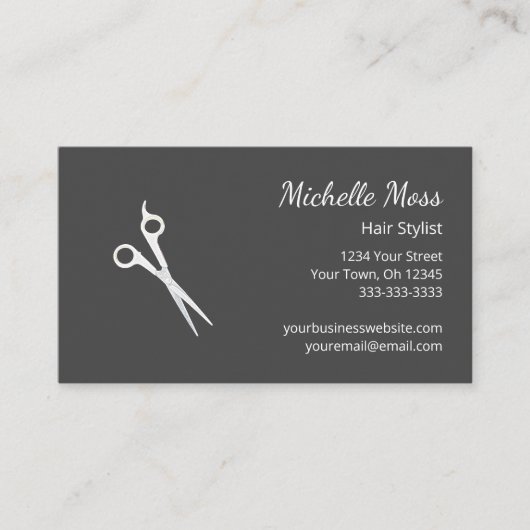 QR code Moderne Haar Stylist Schaar Grijs Visitekaartje (Voorkant)