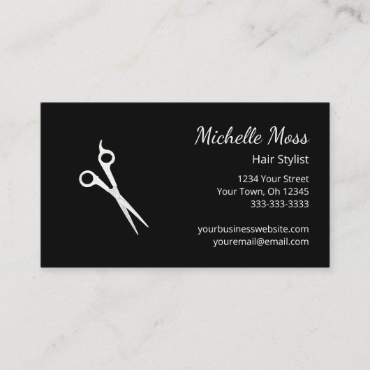 QR code Moderne Haar Stylist Schaar Zwart Visitekaartje (Voorkant)
