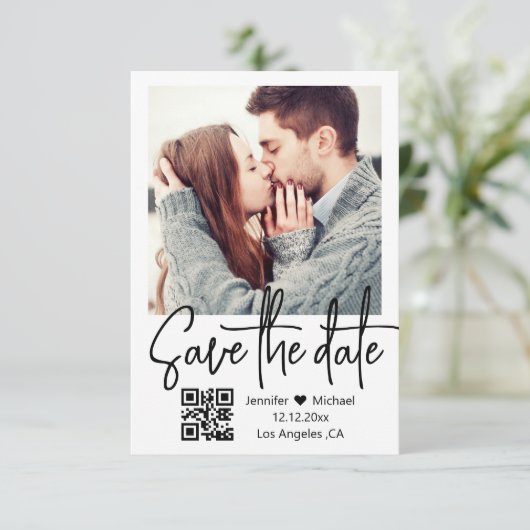 qr code moderne handschrift trouwfoto save the date (Staand voorkant)