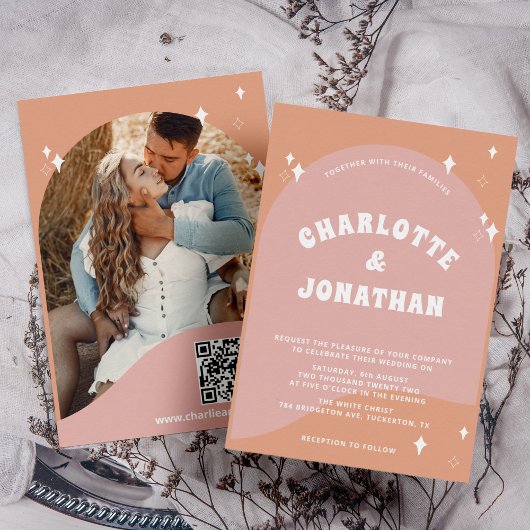 QR Code Moderne Heldere Retro Bruiloft Kaart