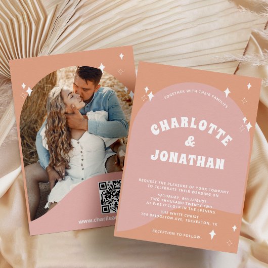 QR Code Moderne Heldere Retro Bruiloft Kaart