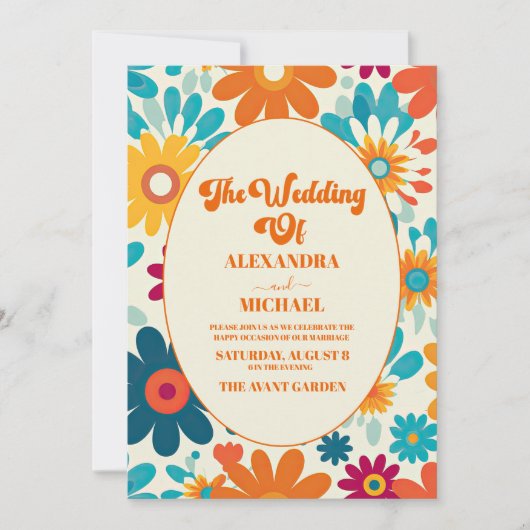 QR Code Moderne Retro 70's Daisy Bruiloft Kaart (Voorkant)