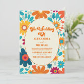 QR Code Moderne Retro 70's Daisy Bruiloft Kaart (Staand voorkant)