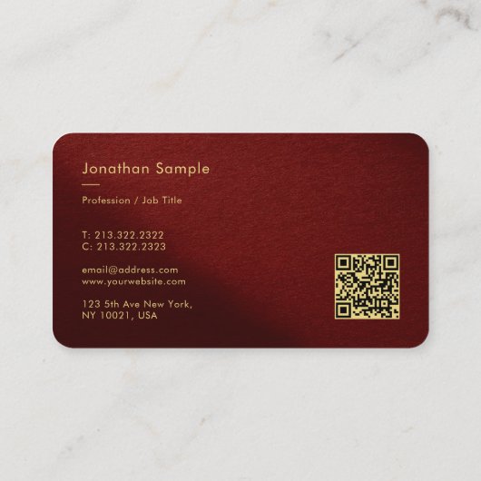 QR Code Moderne Sjabloon Bordeaux Gouden Typografi Visitekaartje (Achterkant)