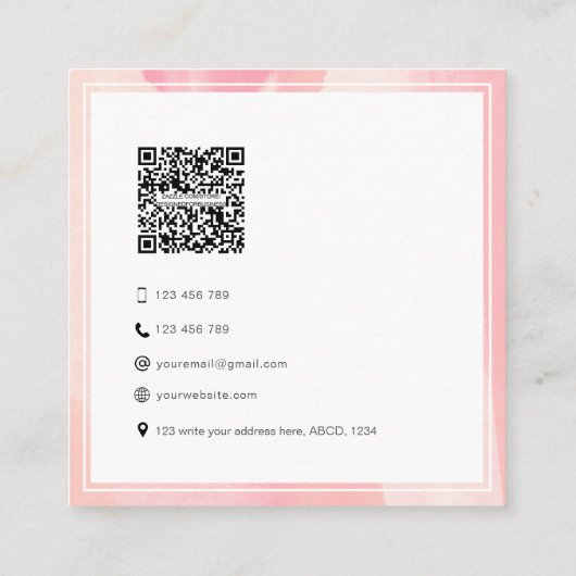 QR-code moderne trendy blush waterverf persoonlijk Vierkante Visitekaartje (Achterkant)