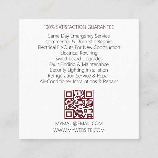 QR Code Moderne Verlichtingscontractant elektricie Vierkante Visitekaartje (Achterkant)