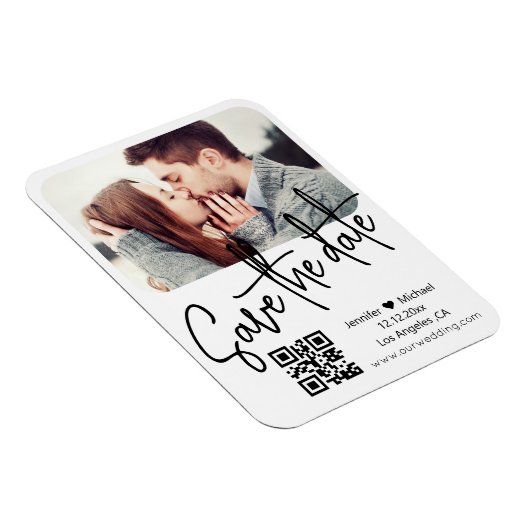 qr code moderne witte trouwfoto behalve datum magneet (Rechterzijde)