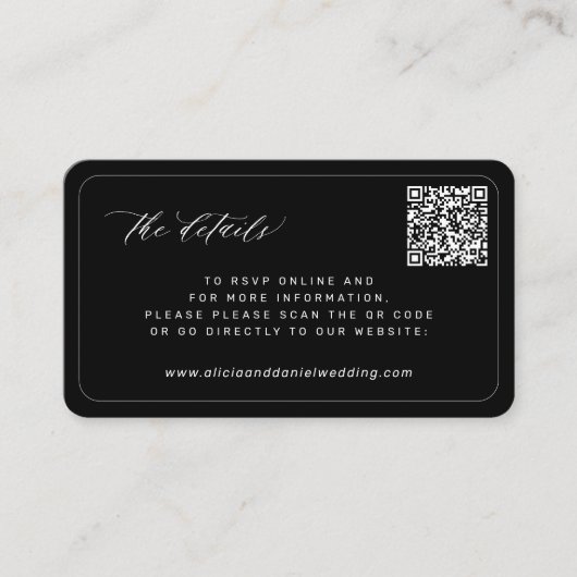QR CODE moderne zwarte bruiloft website details Informatiekaartje (Voorkant)