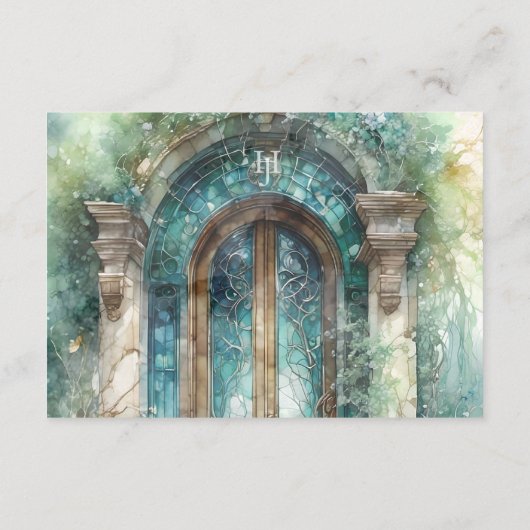 QR-code Monogram Blauw, Groen Tijdloos RSVP Online Informatiekaartje (Achterkant)