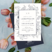 QR Code Monogram Elegante Marine Blauwe Bloemlijn  Kaart