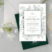 QR Code Monogram Elegante Smaragdgroene Bloemlijn Kaart