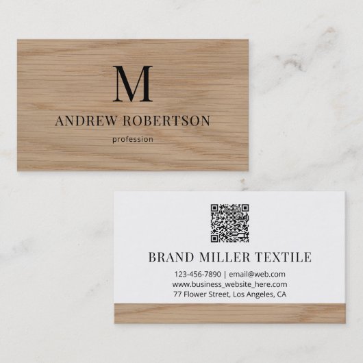 QR Code Monogram Houten Patroon Visitekaartje (Voorkant / Achterkant)