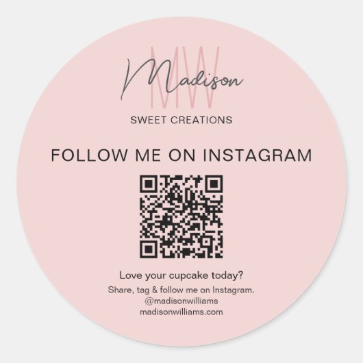 QR Code Monogram Logo Roze Bakkerij Business Stick Ronde Sticker (Voorkant)