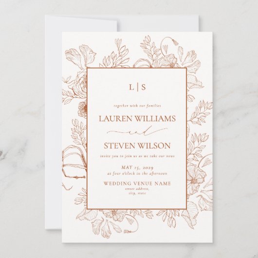 QR Code Monogram Sinaasappel Bloemenlijn Kunst Tro Kaart (Voorkant)