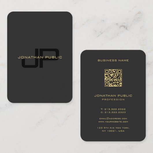 QR Code Monogram Sjabloon Zwart en Goud Machtig Visitekaartje (Voorkant / Achterkant)
