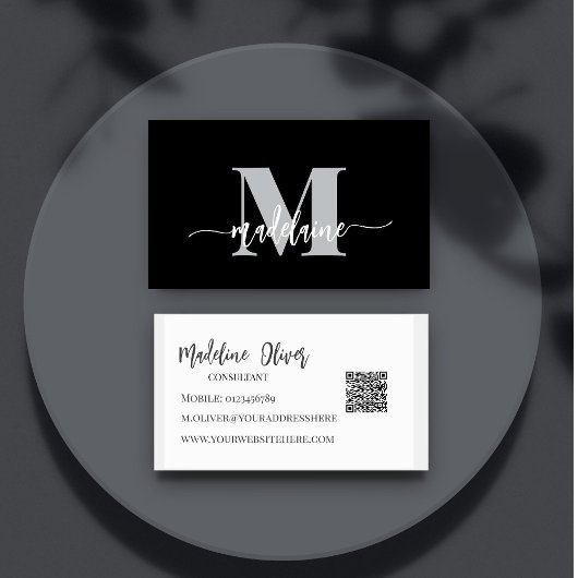QR Code Monogram Zwart Elegant Visitekaartje