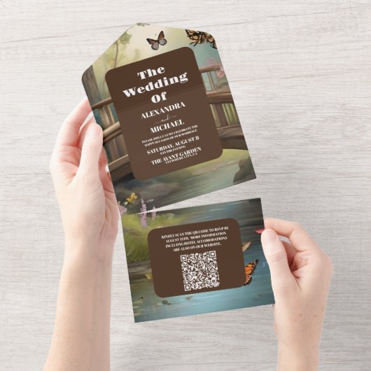 QR Code Mountain Lake Waterverf Tree Bruiloft All In One Uitnodiging (Afscheurbaar)