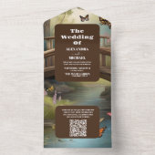 QR Code Mountain Lake Waterverf Tree Bruiloft All In One Uitnodiging (Binnen)
