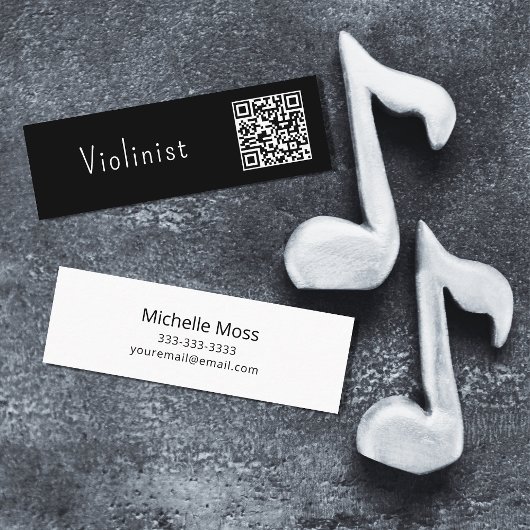 QR-code Muziek minimalistisch Violinist Black Whit Mini Visitekaartje