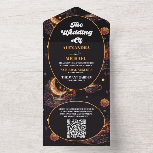 QR Code Mystiek Zwart Goud Hemelse Bruiloft All In One Uitnodiging (Binnen)