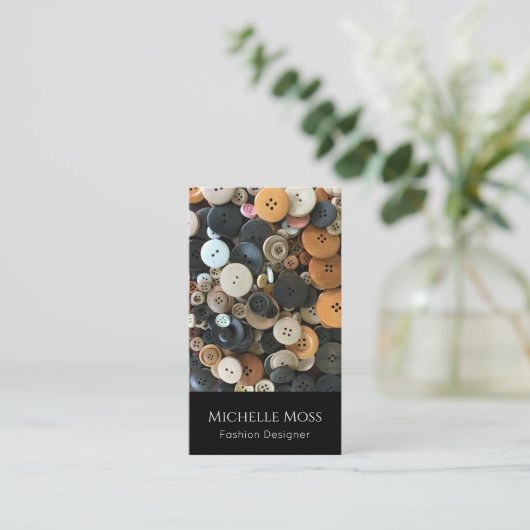 QR code Naaien Mode Designer Buttonnen Zwart Visitekaartje (Staand voorkant)