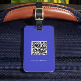 QR-code, naam & info, blauw & wit, elegant Bagagelabel