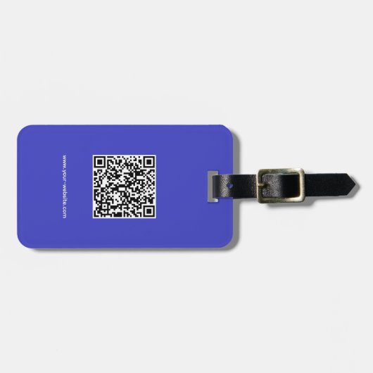 QR-code, naam & info, blauw & wit, elegant Bagagelabel (Voorkant horizontaal)