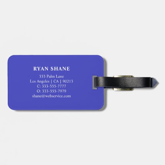 QR-code, naam & info, blauw & wit, elegant Bagagelabel (Achterkant horizontaal)