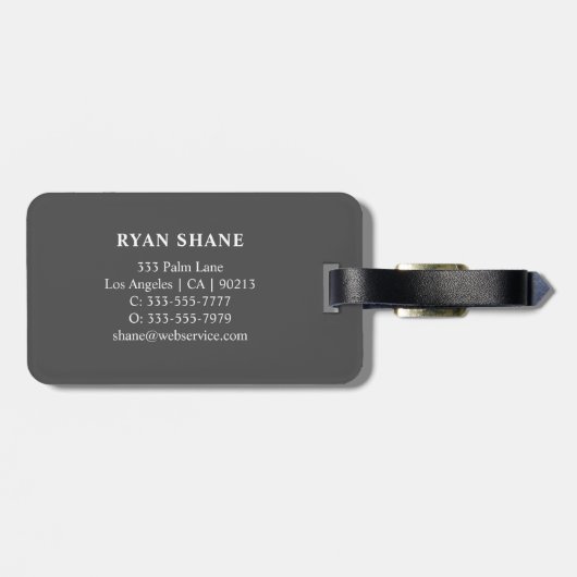 QR Code, Naam & Info, Donkergrijs & Wit, Elegant Bagagelabel (Achterkant horizontaal)