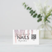 QR CODE Nagelsalon Blush Roze Glitter Druipend Visitekaartje (Staand voorkant)