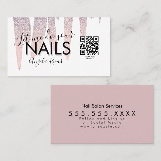 QR CODE Nagelsalon Blush Roze Glitter Druipend Visitekaartje (Voorkant / Achterkant)