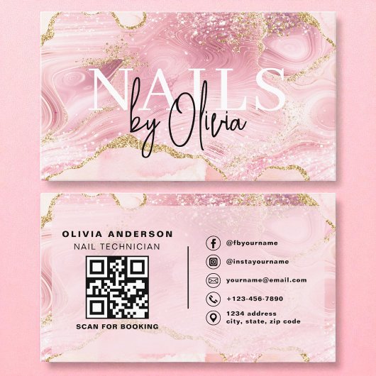 QR Code Nail Specialist Artiest Roze Agaat Marmer Visitekaartje