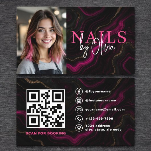 QR Code Nail Specialist Foto Hot Pink Marmer Visitekaartje