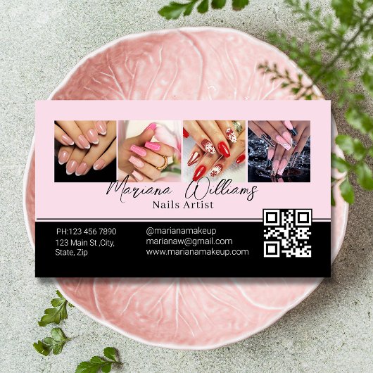 QR Code Nails Artiest 4 Foto's Collage Roze Blak Visitekaartje