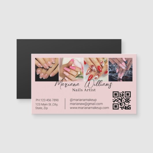 QR Code Nails Artiest 4 Foto's Roze Zakelijke magn (Voorkant / Achterkant)
