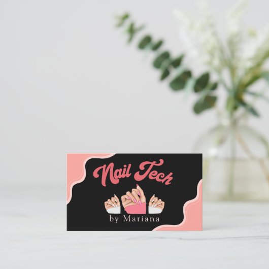 QR Code Nails Artiest Tech Zwart Roze Stijlvol Visitekaartje (Staand voorkant)